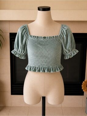 Rewind Sage Green Smocked Square-Neck Puff Sleeve Crop Top